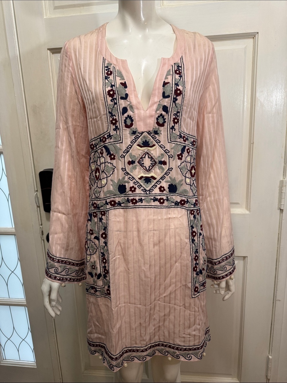 HEMANT & NANDITA Blush Pink Embroidered Long Sleeve Tunic Dress Sz Small. A1